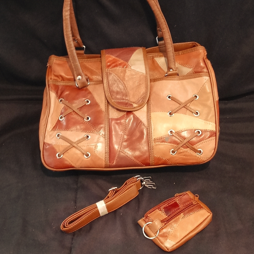 Vintage Brown Patchwork Purse w/ Long Strap